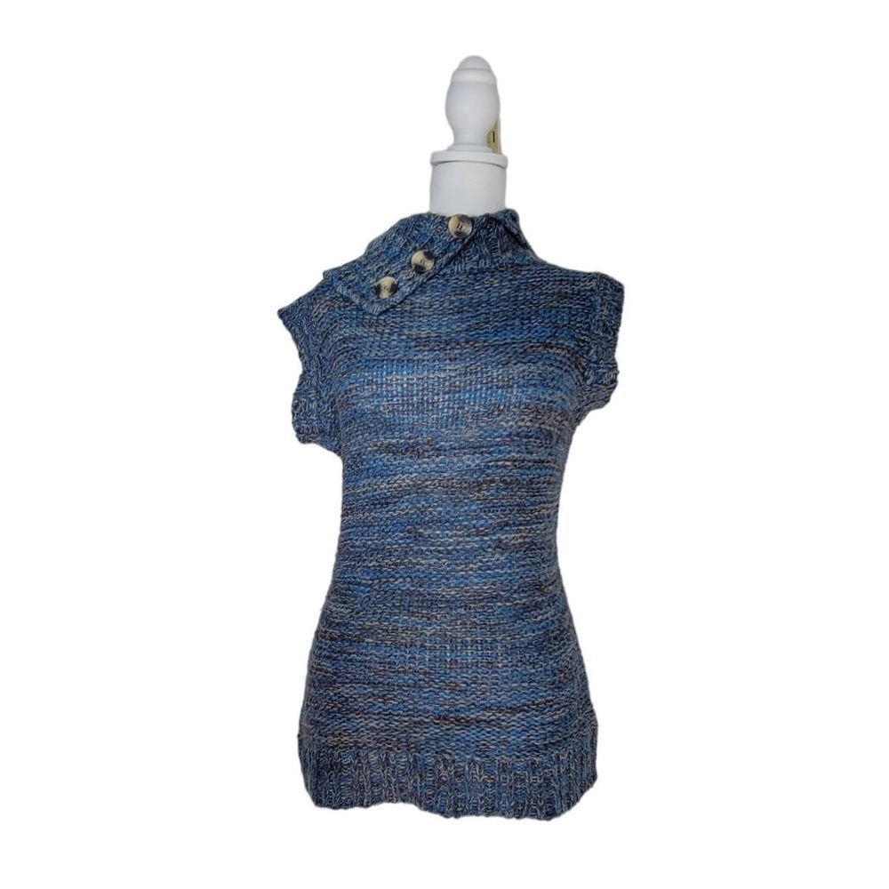 Poof Excellence Sweater Women's L Blue Cable Knit Sleeveless Turtleneck Stretchy